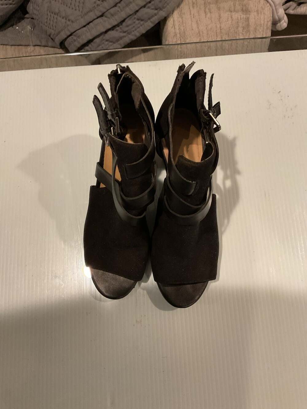 Black Faux Suede Strappy Peep Toe Block Heel Booties